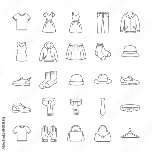 Outline Icons Set of Apparel, Clothing, Shoes, and Fashion Accessories for Web and App Design