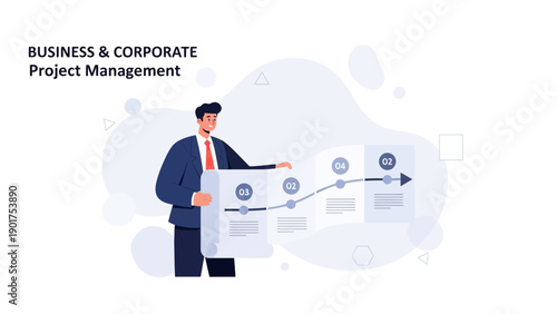 Businessman presenting project management timeline with milestones