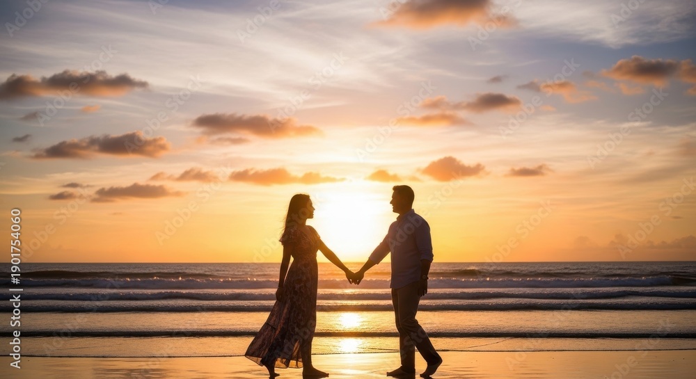 Fototapeta premium Silhouette couple holding hands at beach sunset with orange sky reflection and calm ocean horizon