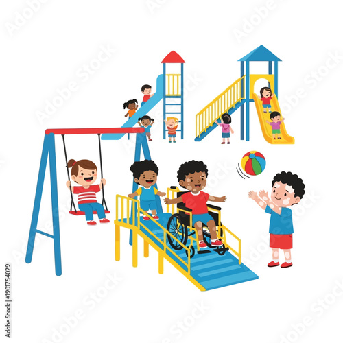 Children with disabilities playing together on inclusive playground equipment for equality