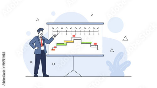 Business Man Presenting Project Timeline on Whiteboard - Project Management Concept