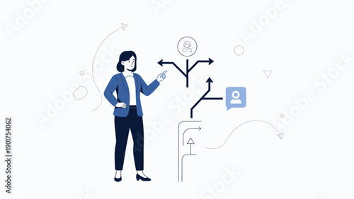 Businesswoman pointing at branching paths, decision making, strategy, career choice