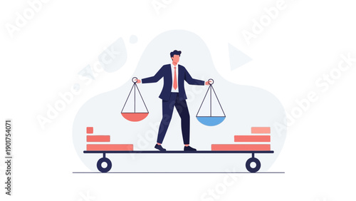 Businessman balancing weights on scales, symbolizing business decisions and strategy
