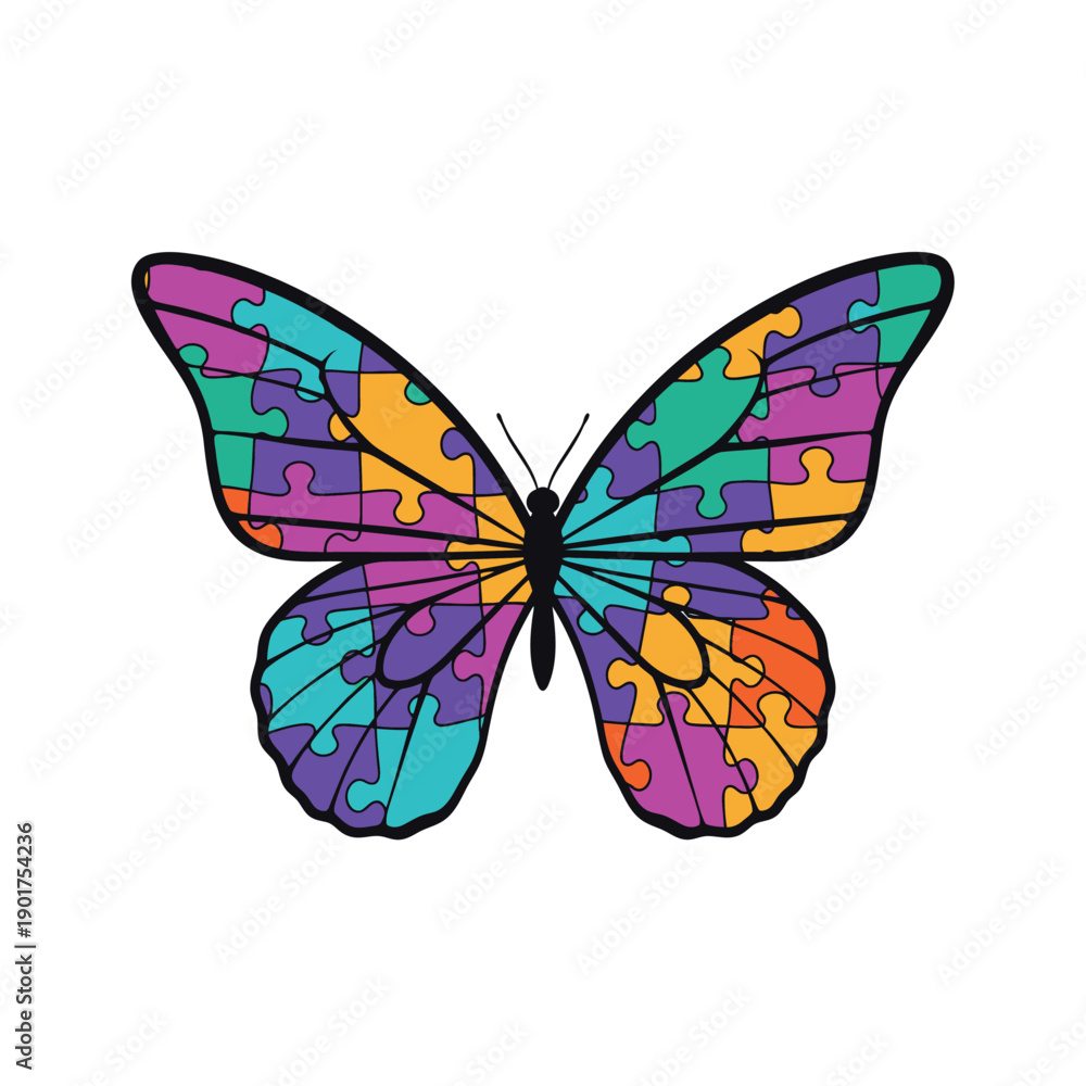 Obraz premium Butterfly wing pattern composed of interlocking puzzle pieces symbolizing autism awareness