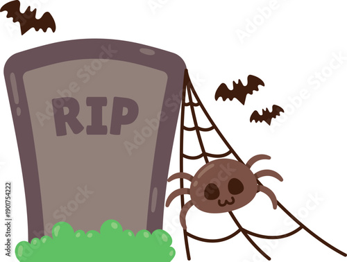 Cute Halloween Graveyard Scene with Spooky Spider and Bats