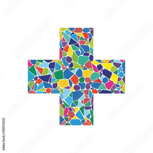 Colorful mosaic cross symbolizing health, healing, and diversity in medicine