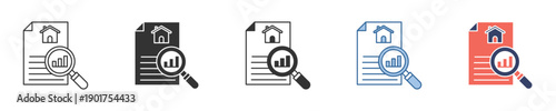 Real estate market analysis document icon set, showcasing property valuation, housing market trends, and financial data research for home investment appraisal