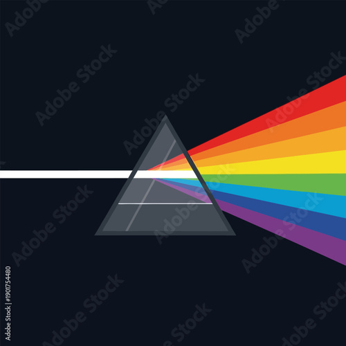 Optical prism refracting white light into a spectrum of rainbow colors on a dark background