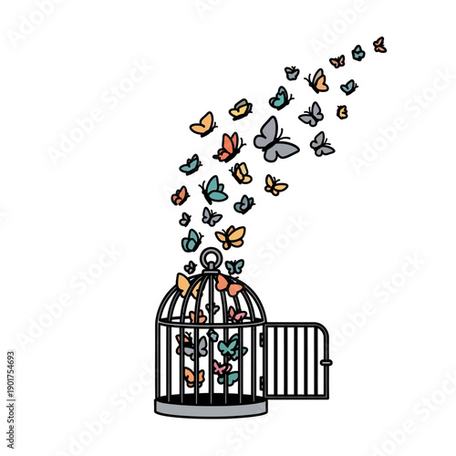 Colorful butterflies escaping open bird cage symbolizing freedom liberation and new beginnings concept