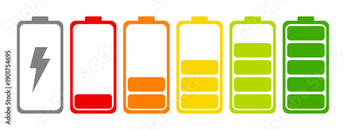 Battery icon set. High quality colorful style vector icons. Batery charge indicator. Baterry level, energy, full. Power low up status batteries. 
