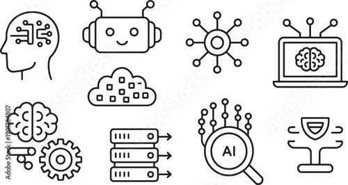 Artificial intelligence and technology line art icons featuring brain, robot, and cloud computing