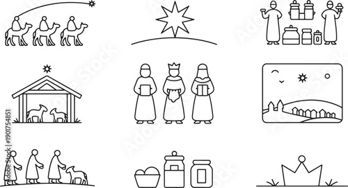 Biblical nativity story line art icons depicting wise men, manger, and christmas star