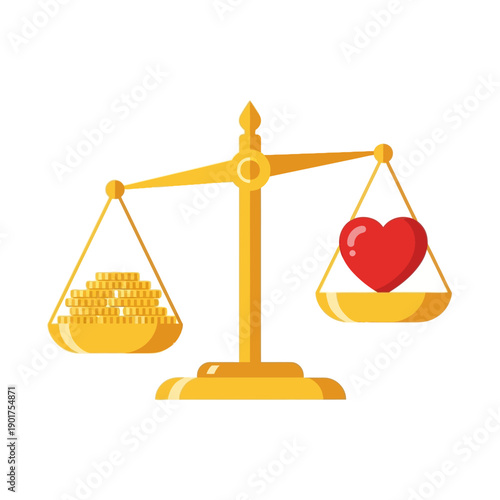 Scales of justice balancing gold coins against a red heart showing value of love over money