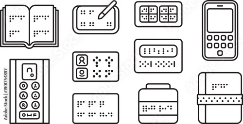 Braille system accessibility icons showing blind people reading tools and tactile educational