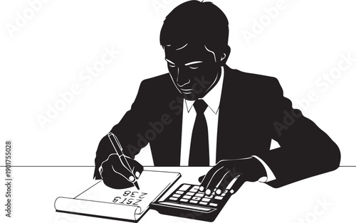 Accountant person calculating expenses using calculator and writing on paper vector silhouette