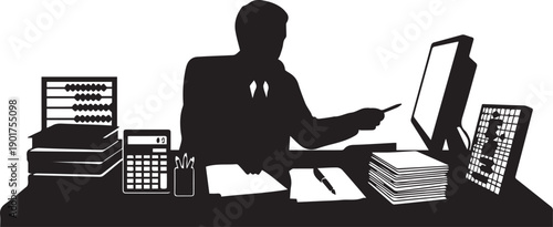 Accountant working with computer and documents in office with abacus calculator and papers vector