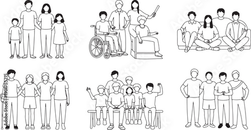 Diverse family and friendship groups in outline style with filled elements illustration set