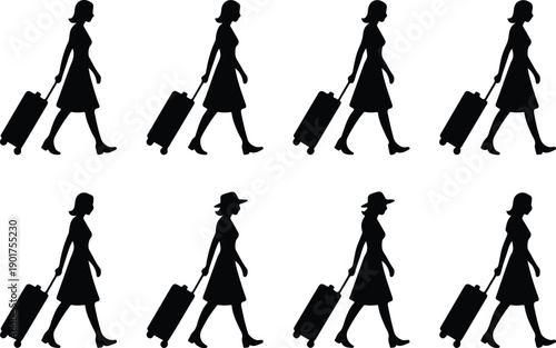 Tourism & Journey Line Icons  Female Travelers, Bags, and Transportation