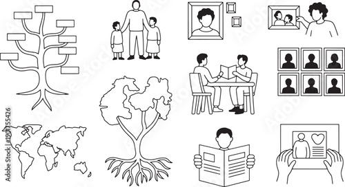 Genealogy and family history concepts set ancestral roots heritage memory tradition lineage research