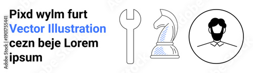 Strategy, decision-making, personal identity, professional expertise, problem-solving, teamwork. Wrench, chess knight and male avatar icon. Strategy and professional expertise concept