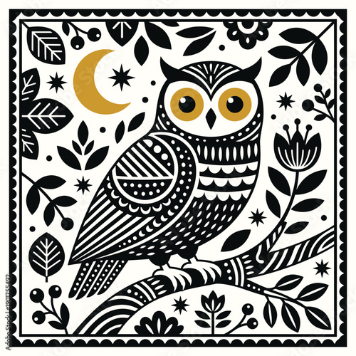 Folk Art Owl Illustration with Golden Eyes and Crescent Moon
