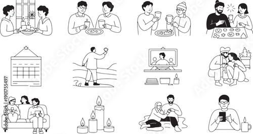 Happy couples enjoying cozy moments sharing drinks and food during holiday gatherings