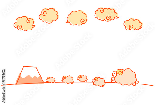 ほのぼのした未年年賀状用の文字なし素材デザイン　富士山と雲の背景に笑顔でジャンプする羊の群れ