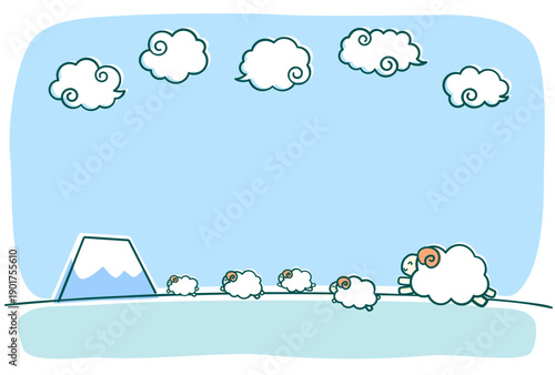 ほのぼのした未年年賀状用の文字なし素材デザイン　富士山と雲の背景に笑顔でジャンプする羊の群れ