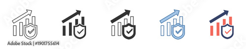 Modern vector icons for business growth, data security, and performance protection, illustrating financial progress, analytical safeguards, and successful strategic improvements