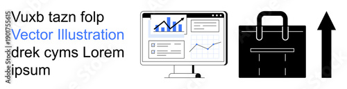 Business growth, data analytics, corporate strategy, career development, finance, success metrics. Graph displays rising trends on monitor with briefcase and upward arrow. Business growth and data