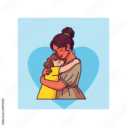 A woman holding a child in her arms with a heart behind them