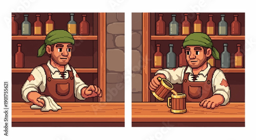 Cartoon bartender serving beer in a pub setting.