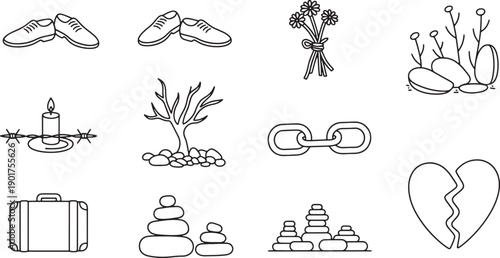 Minimalist line icons representing sadness grief and loneliness in conceptual outline design set