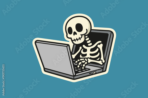 Illustration Of A Skull Coming Out Of The Screen, Operating A Laptop Vector Design Template