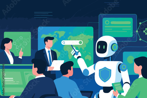 Illustration Of A Robot Operating A Panel Screen With Workers Around It Vector Design Template