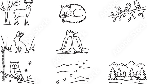 North american and cold climate wildlife nature line icons showcasing animals forest landscapes and outdoor settings