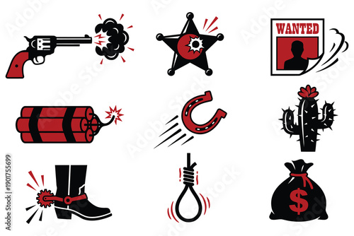 Wild West Icon Set Cowboy Symbols, Outlaws, and Frontier Elements Vector
