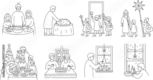 Outline vector set of people celebrating christmas eve with family dinner traditional meals and caroling