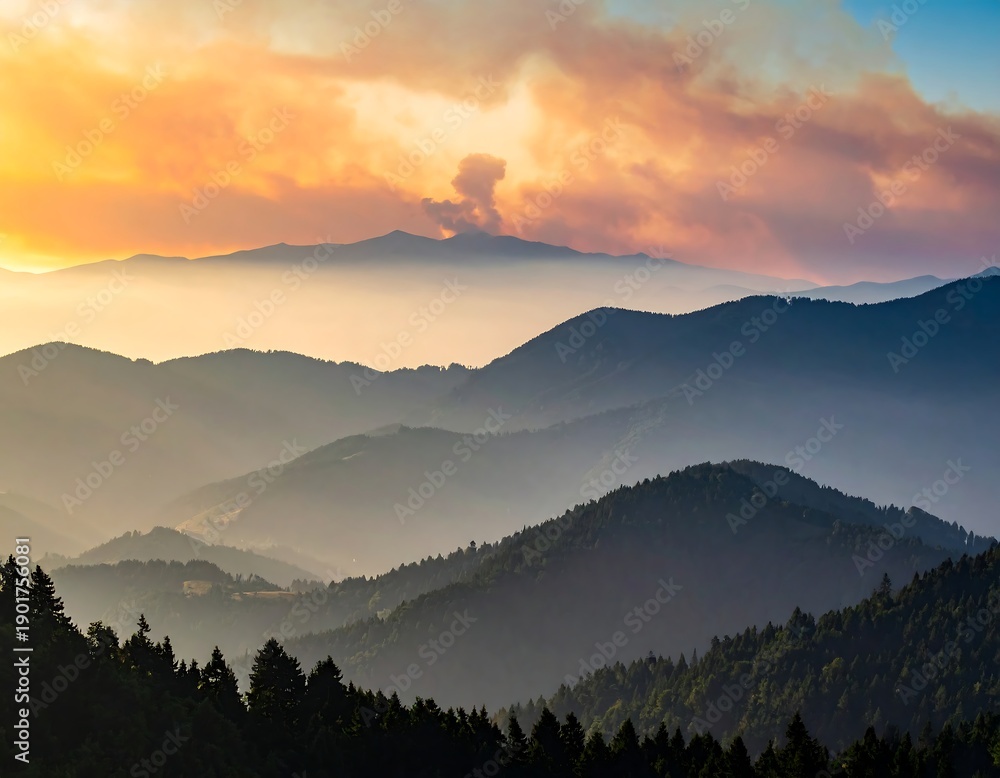 Obraz premium Sunset over a range of mountains; layered with a smoky haze