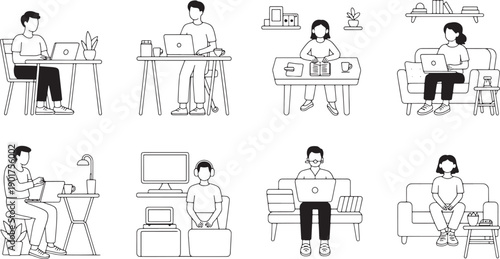People working from home with laptops on tables and couches illustrating remote work