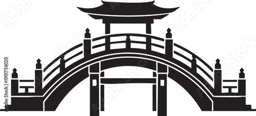 Traditional Japanese arched bridge with a pagoda-style roof silhouette, isolated on white background