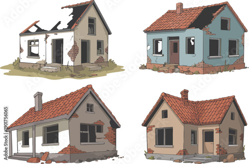 Abandoned & Ruined House Line Icons  Post-Disaster, Old Homes, and Decay