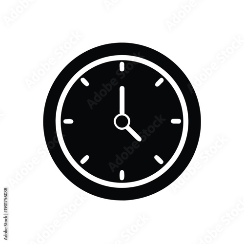 A vector illustration of a black wall clock icon featuring a circular dial and minimalist watch face design for business time management and office sign symbols