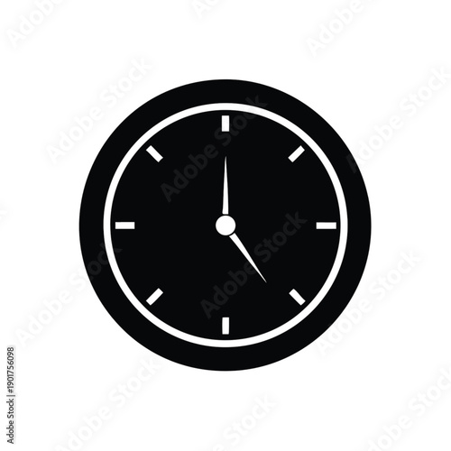 A professional vector clock icon set featuring round wall dials with black numbers and hour, minute, and second hands for business office time management design