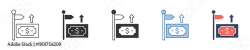 Dynamic icon symbolizing financial growth and successful achievement of monetary goals, featuring an upward-pointing arrow next to a dollar flag, perfect for illustrating profit and business progress