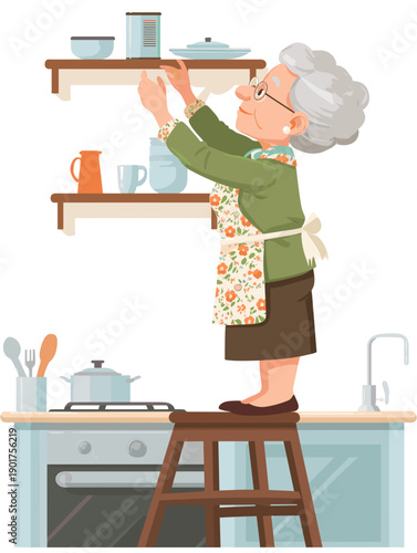 A senior woman standing on a stool tries to reach for a can on a kitchen shelf - common causes of falls