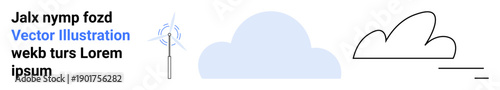Sustainability, renewable energy, wind power, cloud computing, minimal design, environmental awareness. Abstract design cloud shapes, a wind turbine and placeholder text. s sustainability