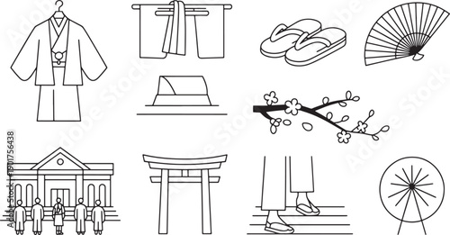 Traditional japanese culture and tourism line icons depicting clothing landmarks architecture and iconic symbols