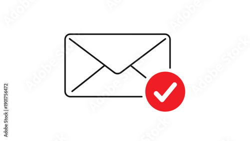 Simple line art icon of an envelope with a bright red checkmark bubble, indicating a sent message, received email, or verified status.