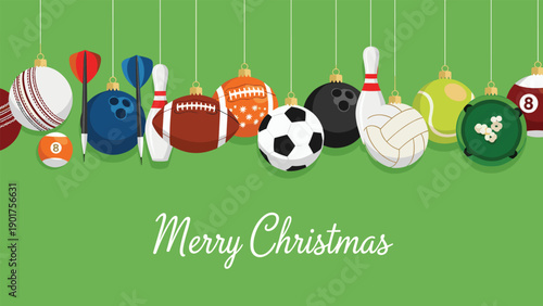Creative christmas greeting with various sports balls as hanging ornaments on a bright green background for athletes and sports enthusiasts.